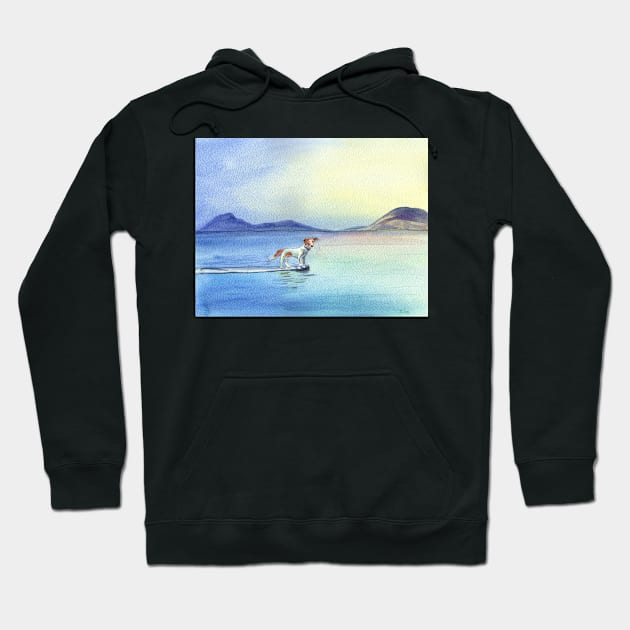 Dog on Surfboard Watercolor Painting Hoodie by Sandraartist